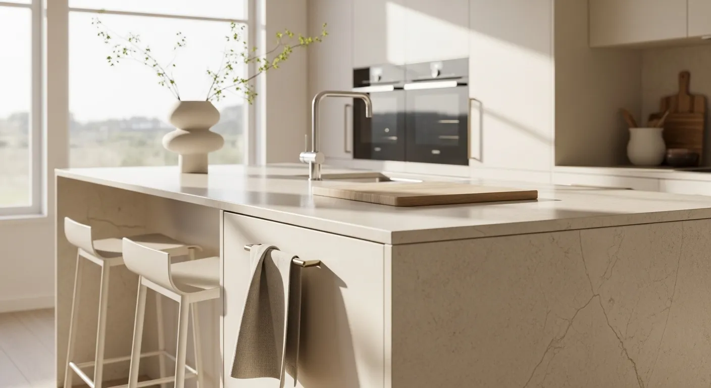 Sunlit cream Scandi kitchen with sleek island, stools, and minimalist decor.