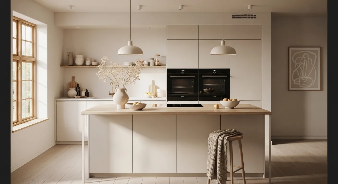 Cream Scandi kitchen with minimalist island, pendant lights, and warm wood window.