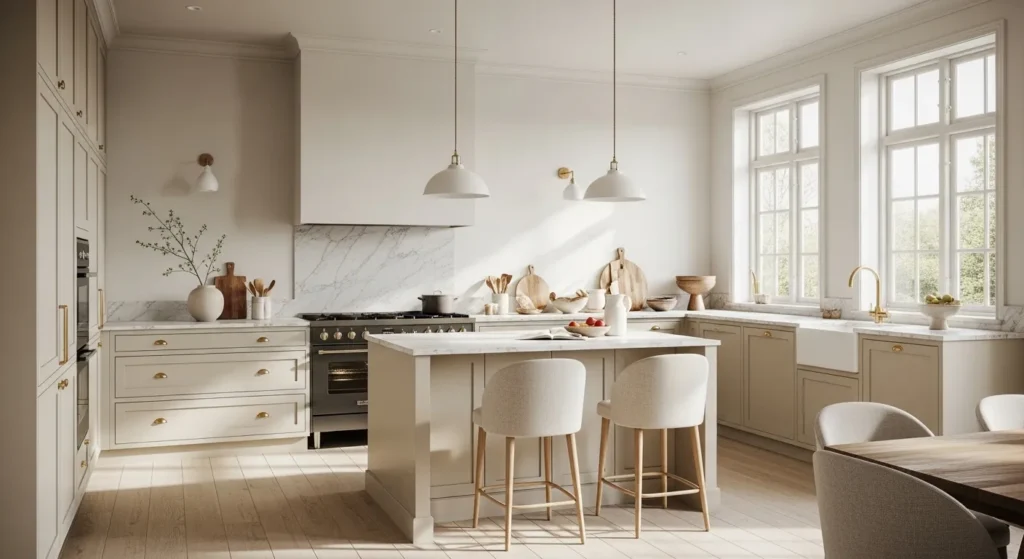 Cream Scandi kitchen with marble backsplash, island seating, and brass fixtures