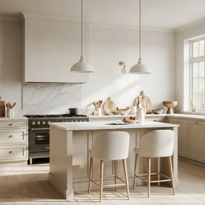 Cream Scandi kitchen with marble backsplash, island seating, and brass fixtures