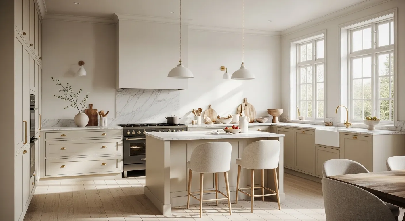 Cream Scandi kitchen with marble backsplash, island seating, and brass fixtures