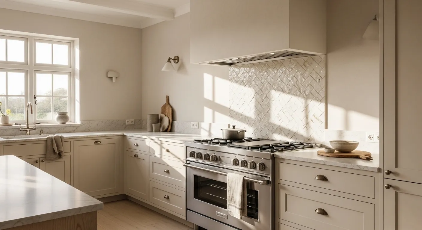 Cream Scandi kitchen with marble countertops, stainless range, and herringbone tile backsplash