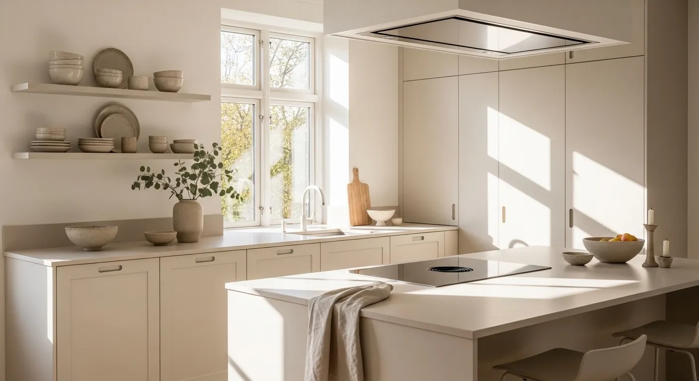 Cream Scandinavian kitchen with sunlit island, open shelves, and large window