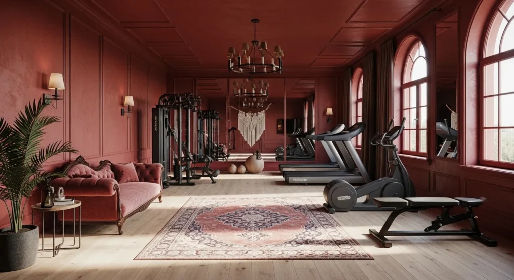 Bohemian home gym featuring dark red walls, lush plants, and woven natural textures