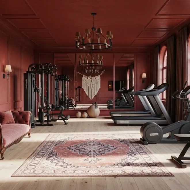 Bohemian home gym featuring dark red walls, lush plants, and woven natural textures