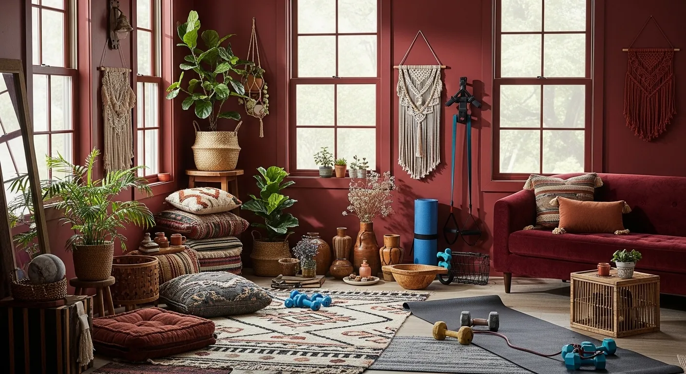 Dark red bohemian home gym with yoga mats and rattan decor