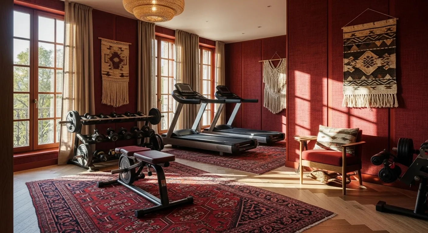 Bohemian home gym featuring dark red walls, rattan decor, and indoor plants