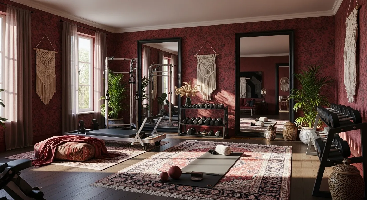 Bohemian home gym featuring dark red walls, woven rugs, and wooden equipment