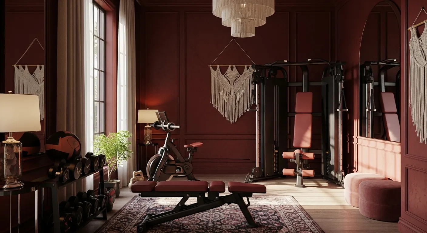 Bohemian home gym featuring dark red walls, rattan equipment, and vintage rugs