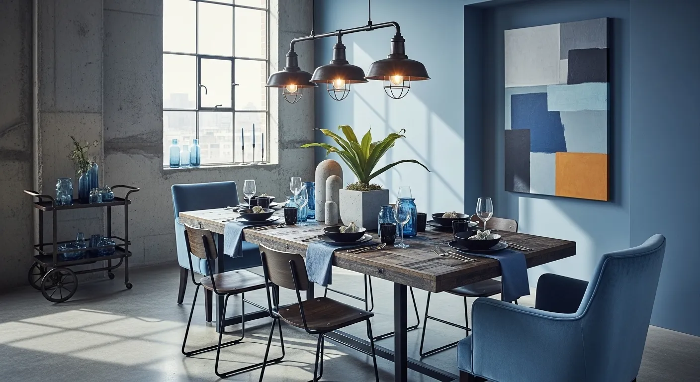 Industrial dining room with dusty blue chairs, rustic wood table, black pendants