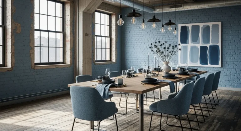 Industrial Dining Room Ideas in Dusty Blue (Designer Guide)