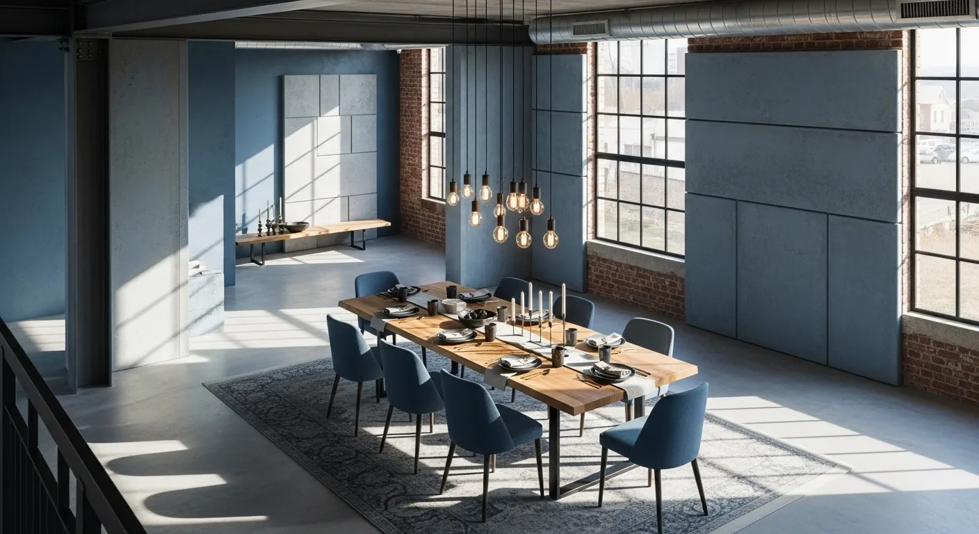 Industrial dining room with dusty blue walls, wood table, and metal pendants