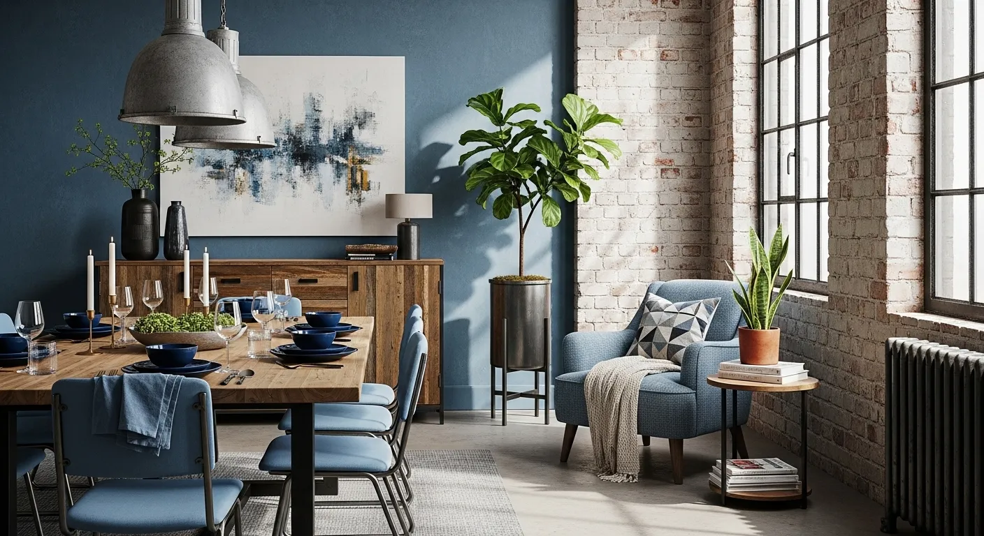 Industrial dining room with dusty blue wall, wood table, and brick windows