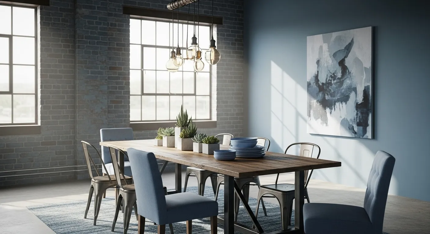 Industrial dining room with dusty blue wall, wood table, metal chairs