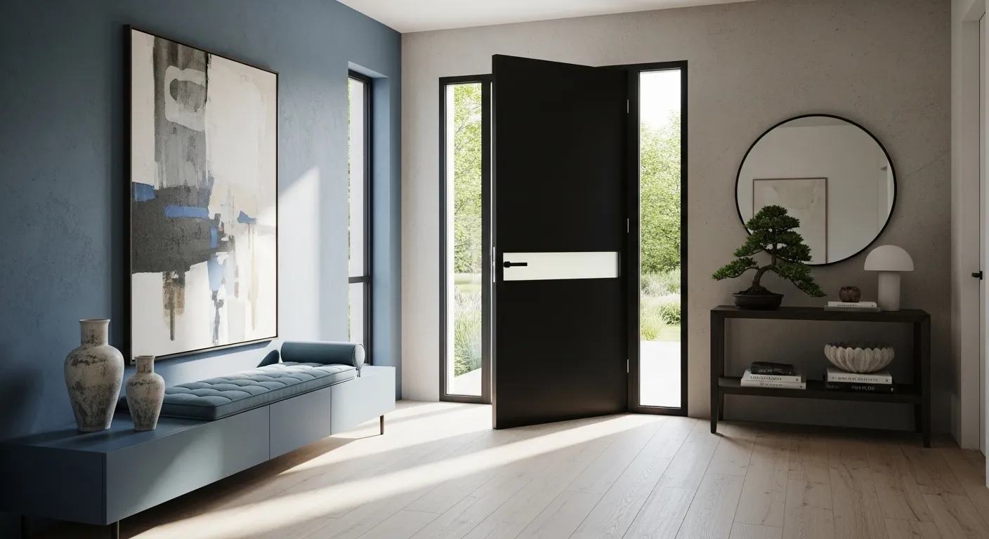Japandi entryway with dusty blue bench, black door, and round mirror