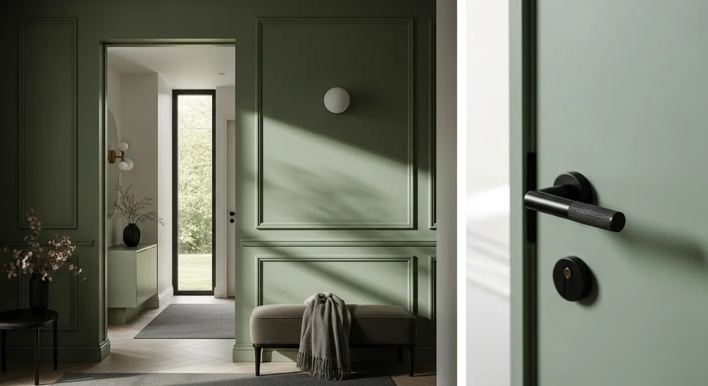 Stylish minimalist entryway featuring sage green walls and decor, perfect for everyday elegance.