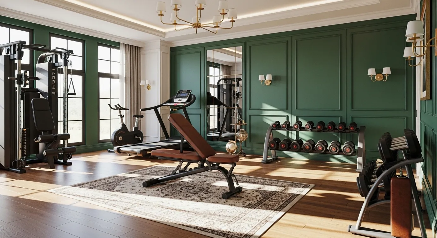 Luxury home gym featuring emerald green walls, gold lighting, and classic architectural molding