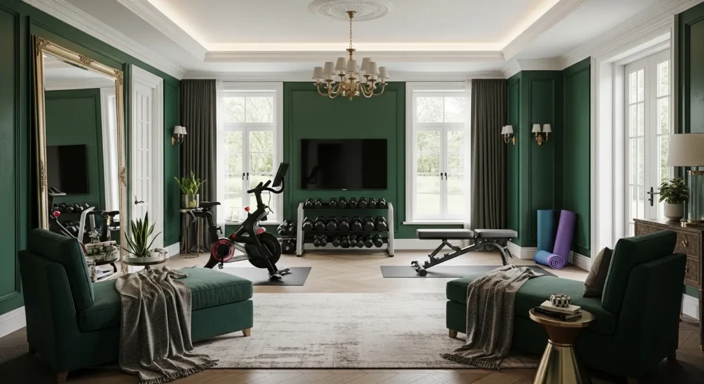 Elegant home gym featuring emerald green walls and classic gold light fixtures