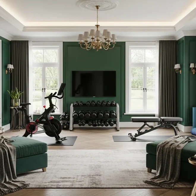 Elegant home gym featuring emerald green walls and classic gold light fixtures