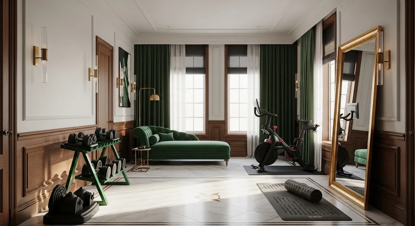 Elegant home gym featuring emerald green walls and classic luxury design elements