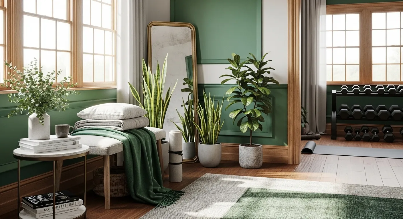 Sophisticated home gym featuring emerald green paneled walls, brass lighting, and high-end equipment