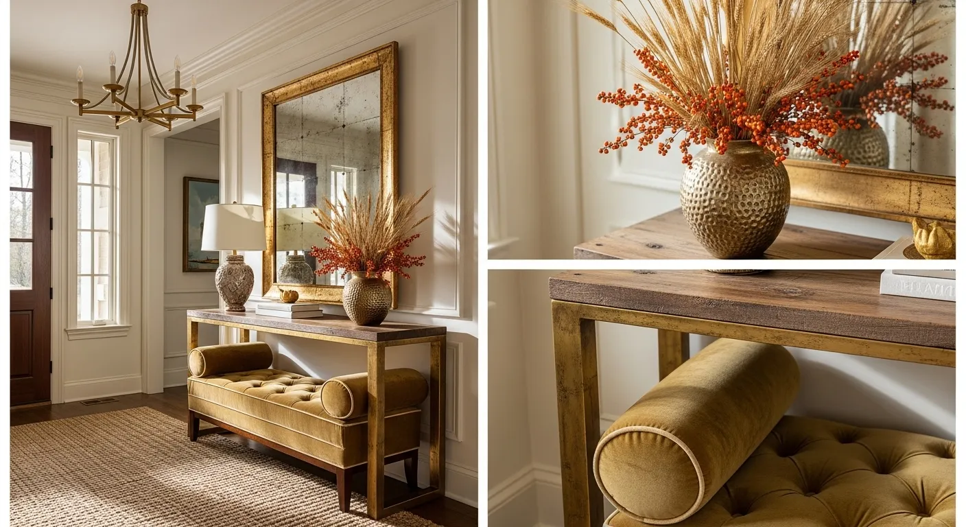 Rustic farmhouse foyer featuring a gold round mirror and distressed wooden console table
