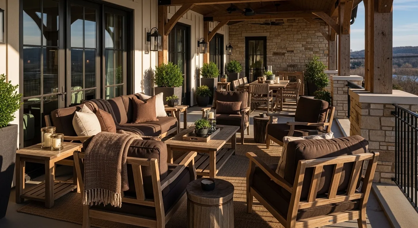 Rustic farmhouse balcony featuring chocolate brown wicker furniture and warm wood accents