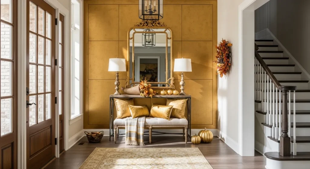 Farmhouse entryway featuring a gold round mirror and rustic wood console table