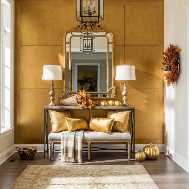 Farmhouse entryway featuring a gold round mirror and rustic wood console table