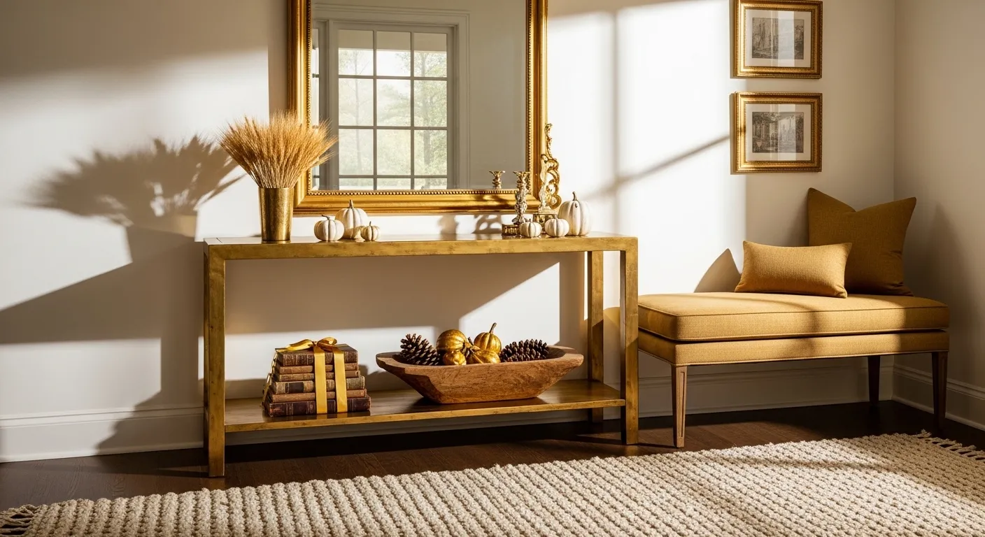 Rustic wooden console table styled with antique gold mirror and greenery