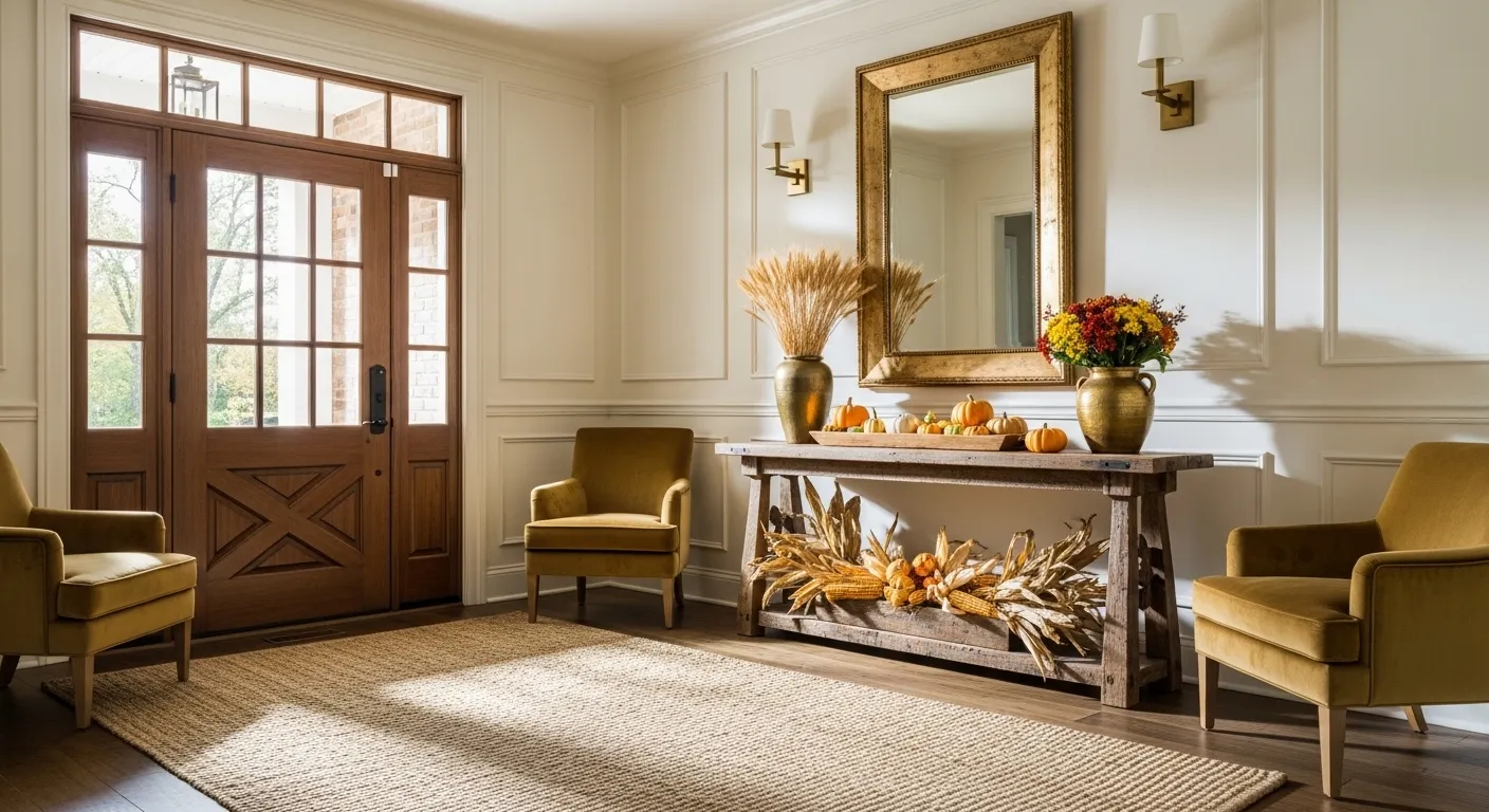 Bright farmhouse entryway featuring a vintage gold mirror and rustic wood console table