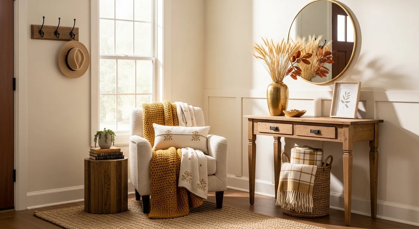 Bright farmhouse entryway featuring a vintage gold mirror and rustic wooden console table