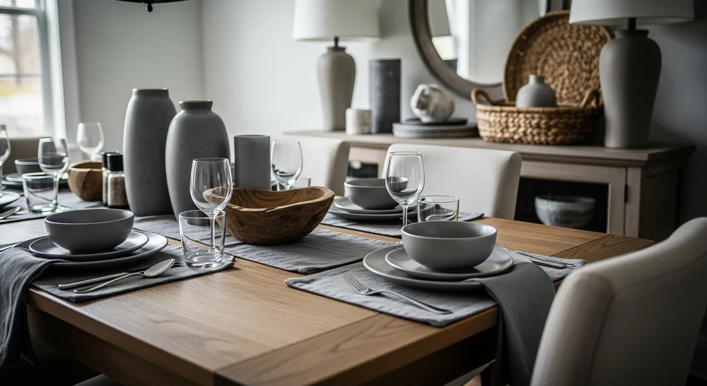 Gray palette farmhouse dining room ideas with natural wood textures