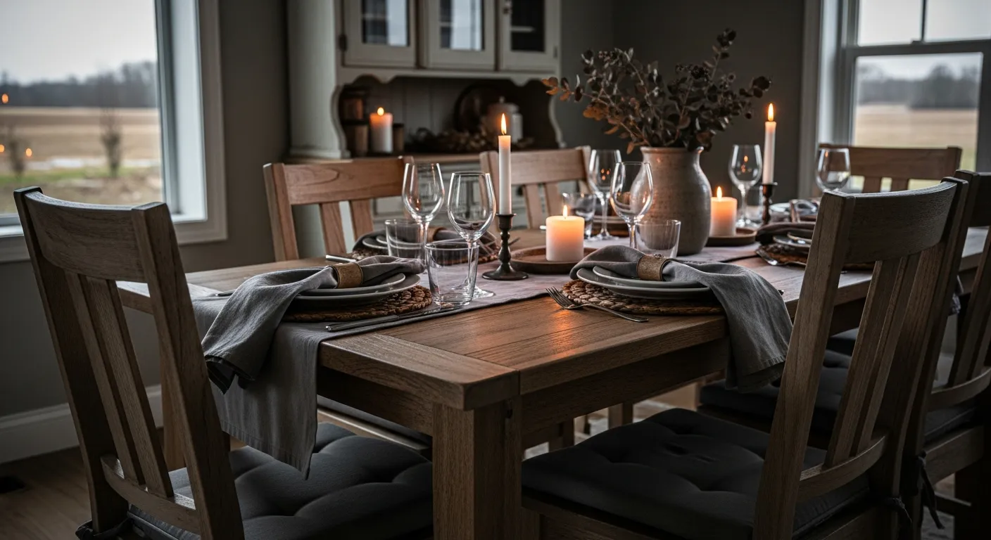 Cozy farmhouse dining room ideas with elegant lighting and gray walls