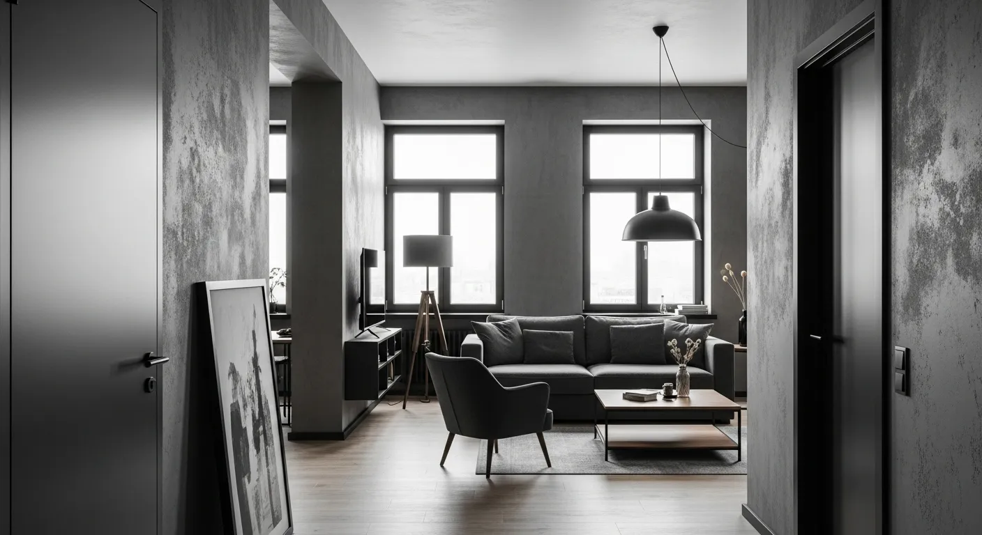 Gray industrial living room with black sofa, pendant light, large windows.
