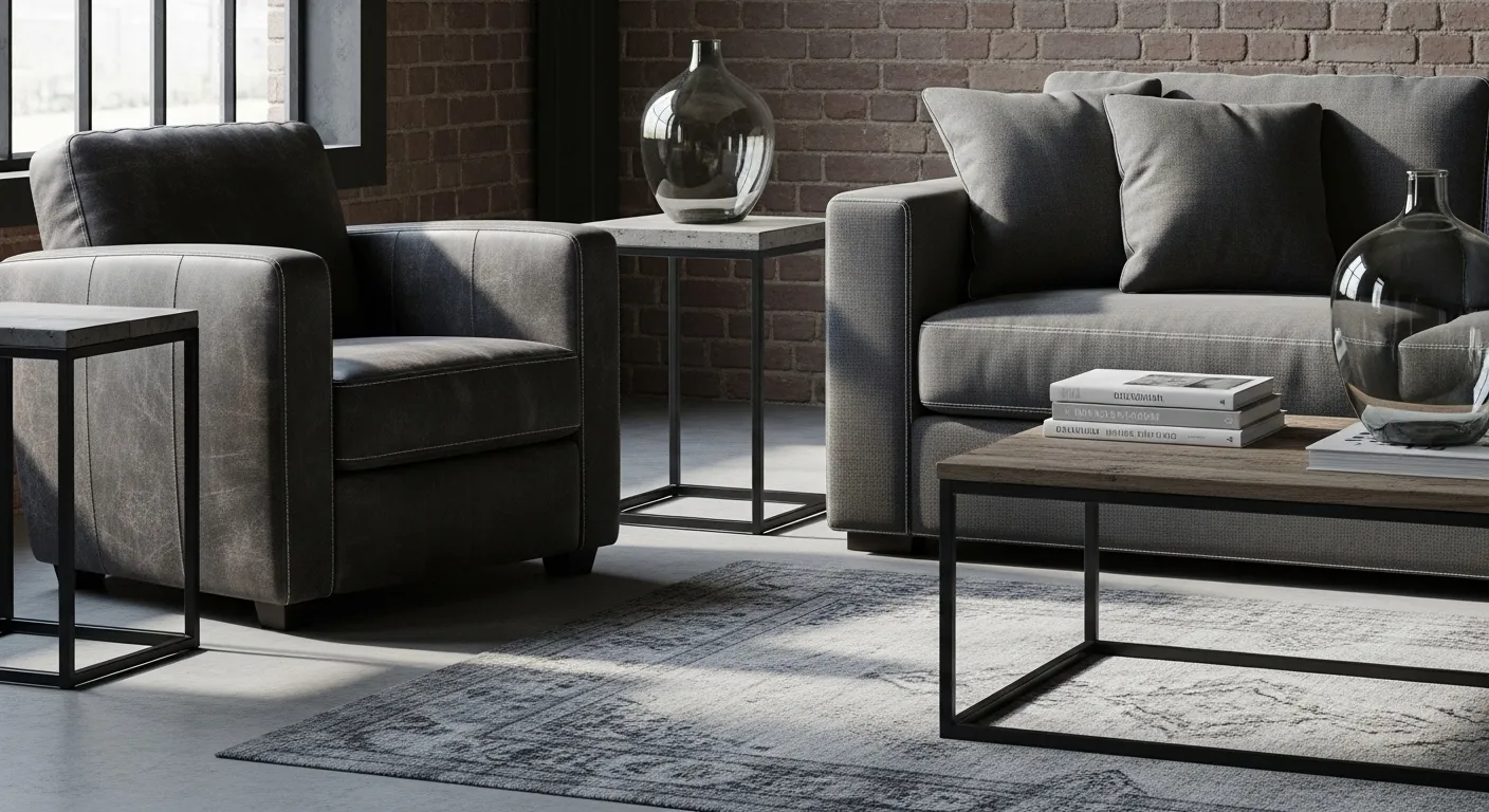 Gray industrial living room with leather chair, sofa, brick wall, and metal tables