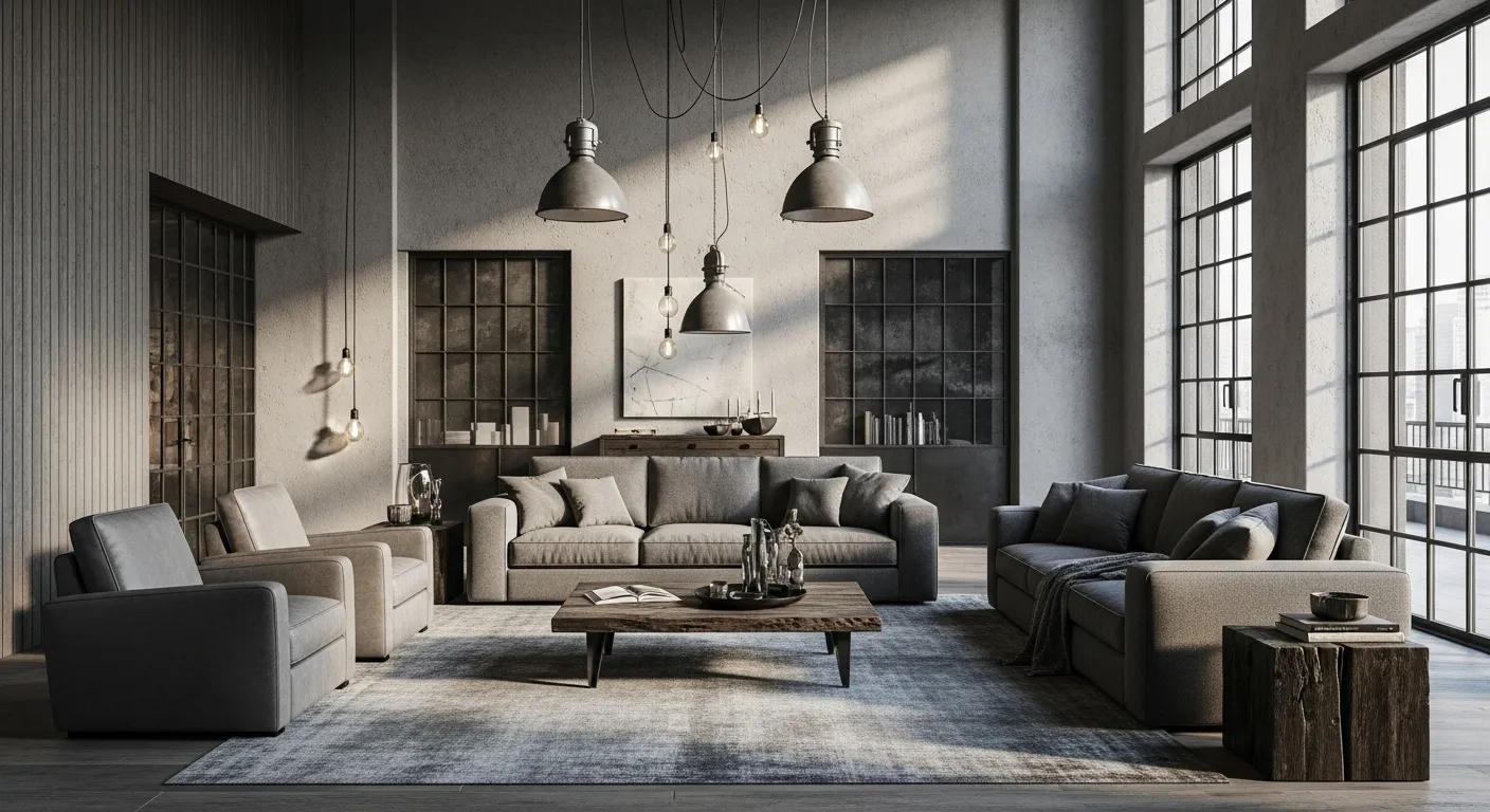 Gray industrial loft living room with sofas, pendant lights, and tall windows