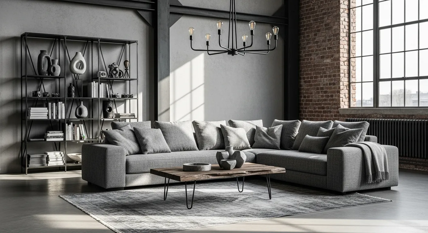 Gray industrial loft living room with sectional sofa, brick wall, large windows