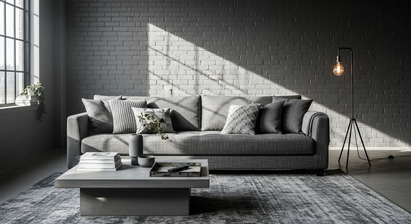 Gray industrial living room with brick wall, sofa, concrete coffee table