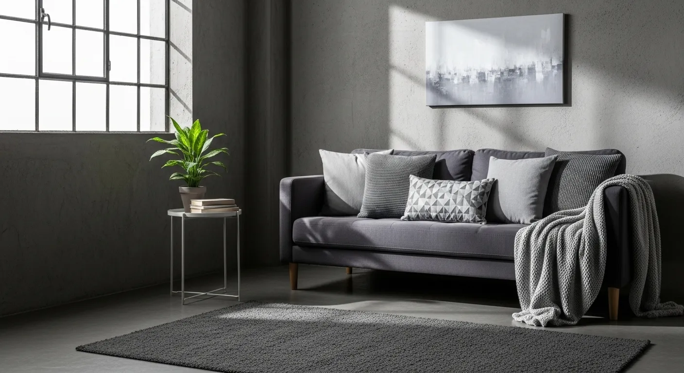 Gray industrial living room with sofa, concrete wall, grid window, rug