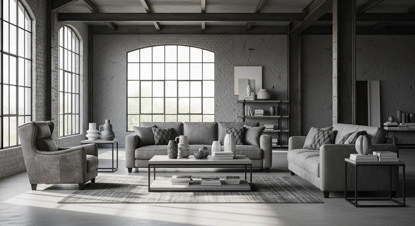 Gray industrial loft living room with sofas, armchair, and large windows