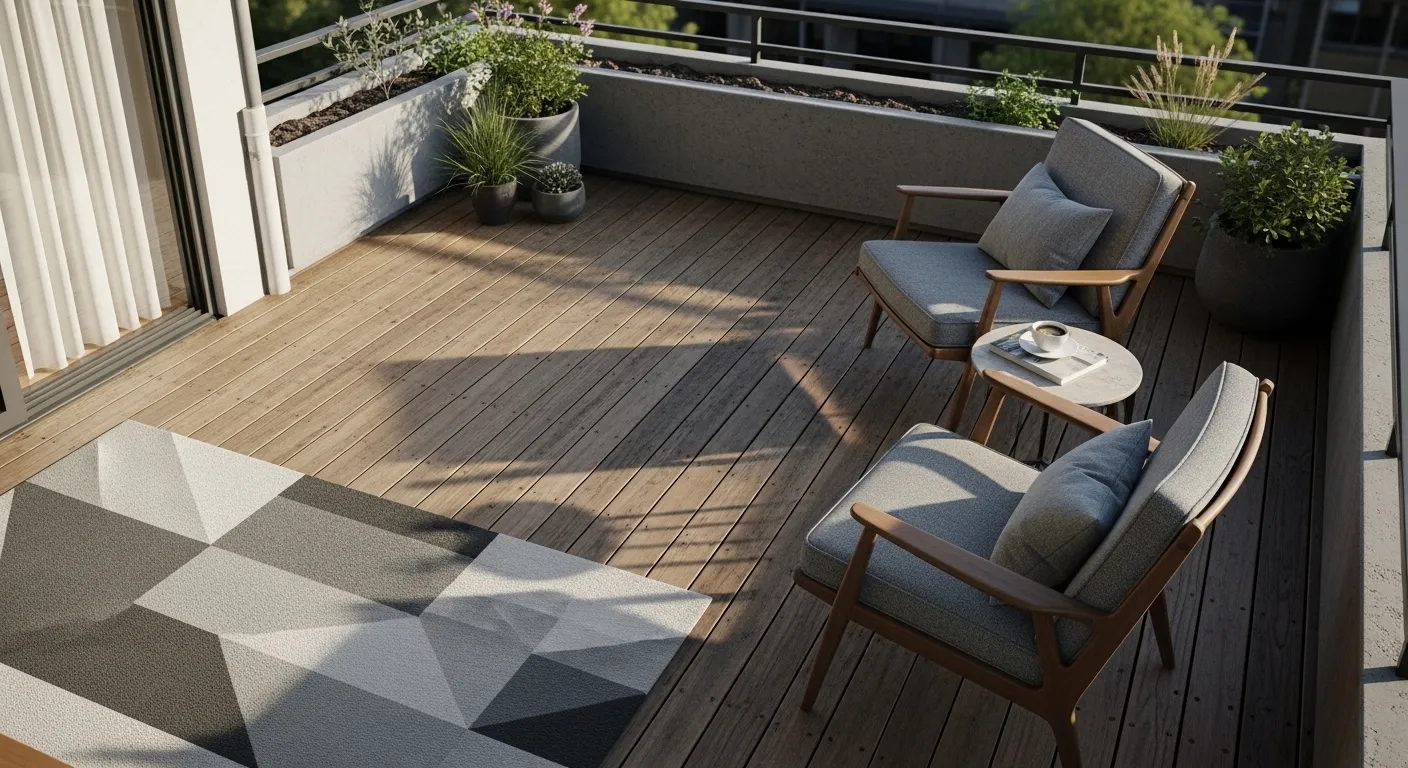 Teak and gray chairs for mid-century modern outdoor balcony ideas