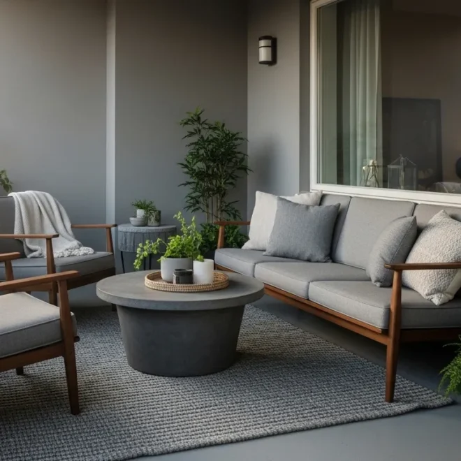 Sleek gray mid-century modern balcony featuring monochromatic furniture and clean lines