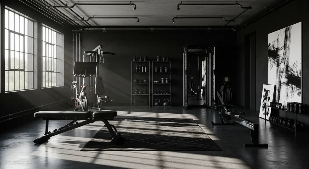 Modern industrial home gym featuring black equipment, exposed brick walls, and ambient lighting