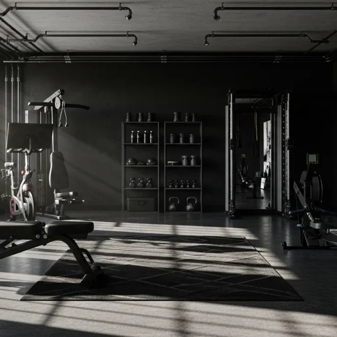 Modern industrial home gym featuring black equipment, exposed brick walls, and ambient lighting
