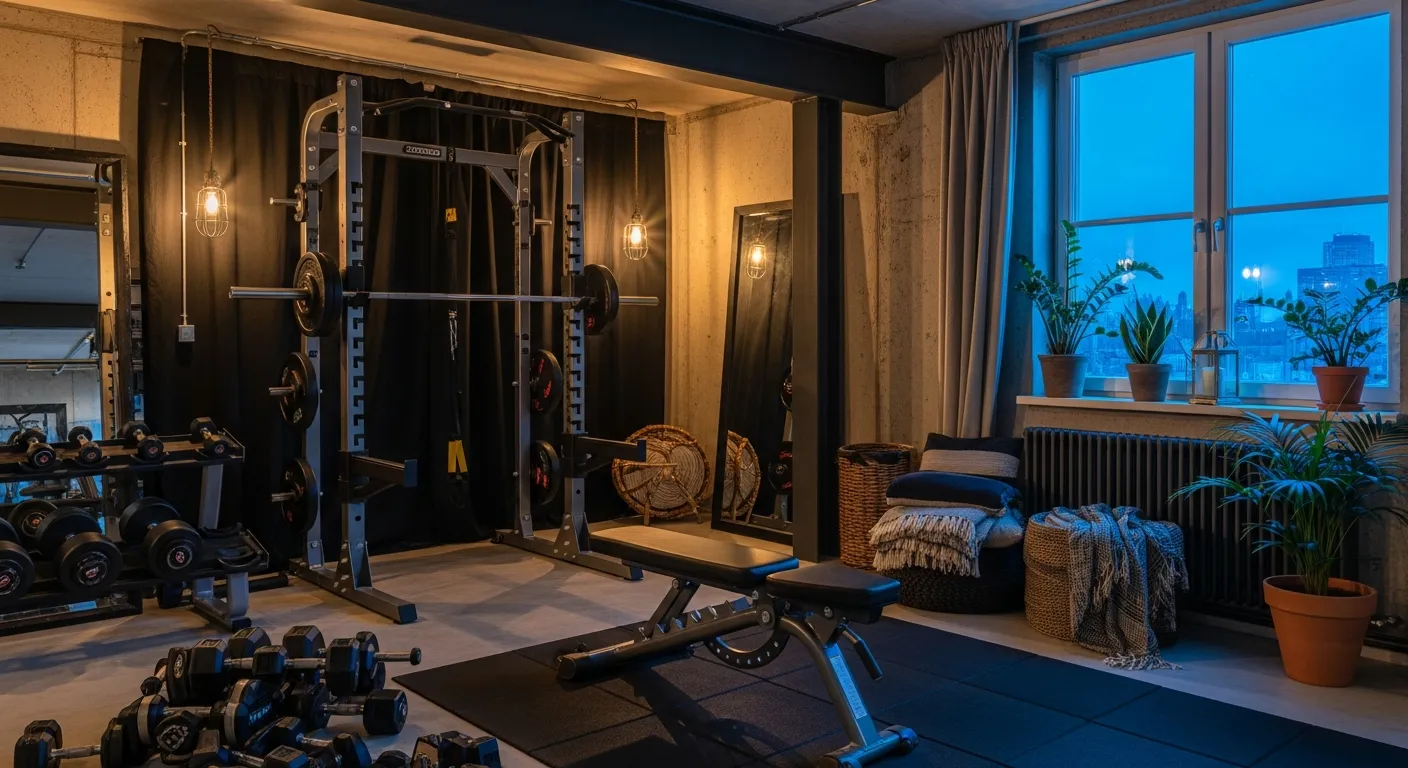 Styling tips for industrial home gym ideas featuring lighting and texture