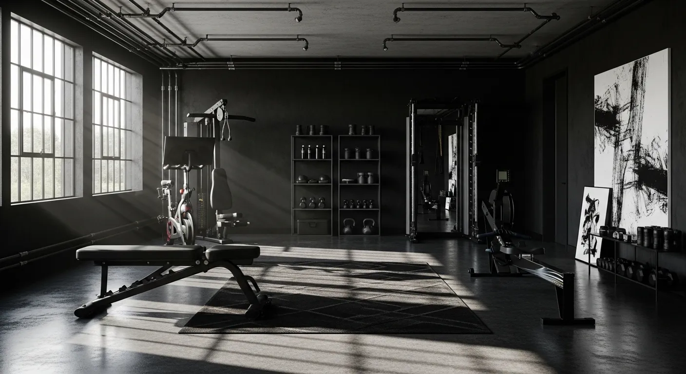 Modern industrial home gym featuring black equipment, exposed brick walls, and ambient lighting