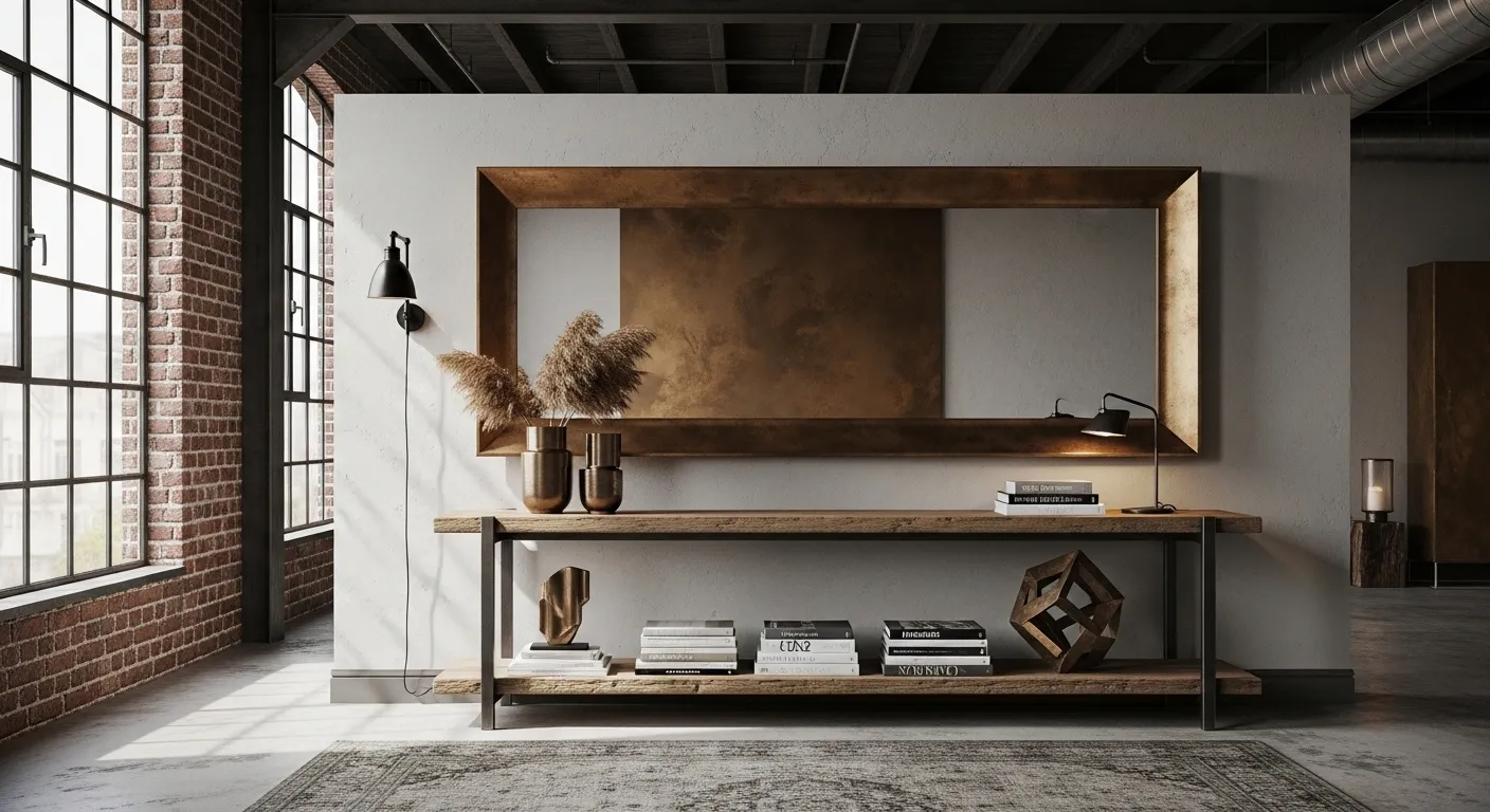 Industrial entryway featuring a bronze metal console table and exposed brick walls