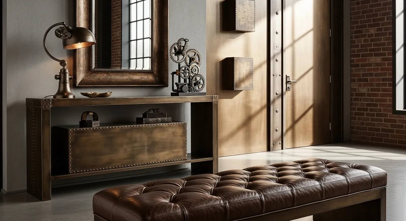 Industrial entryway featuring a bronze metal console table and round mirror against raw walls