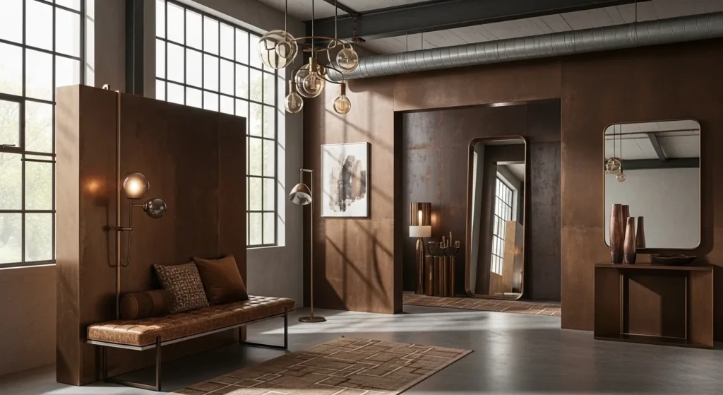 Stylish industrial entryway featuring a statement bronze mirror and metal console table